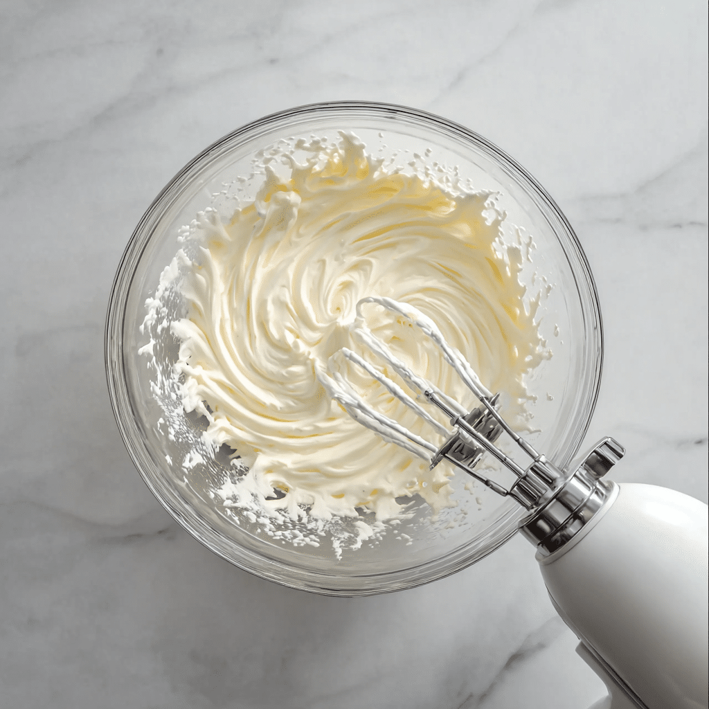 whipped cream in glass bowl with hand mixer for viral lemon ice cream